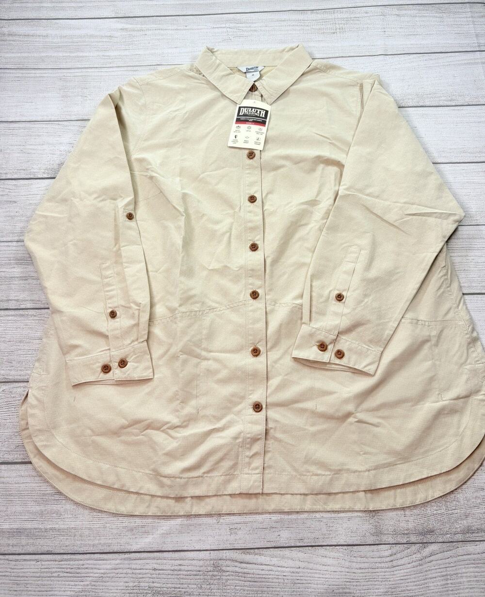 Duluth Trading Co Heirloom Gardening Shirt Roll Tab Utility Top Tan Size 1X